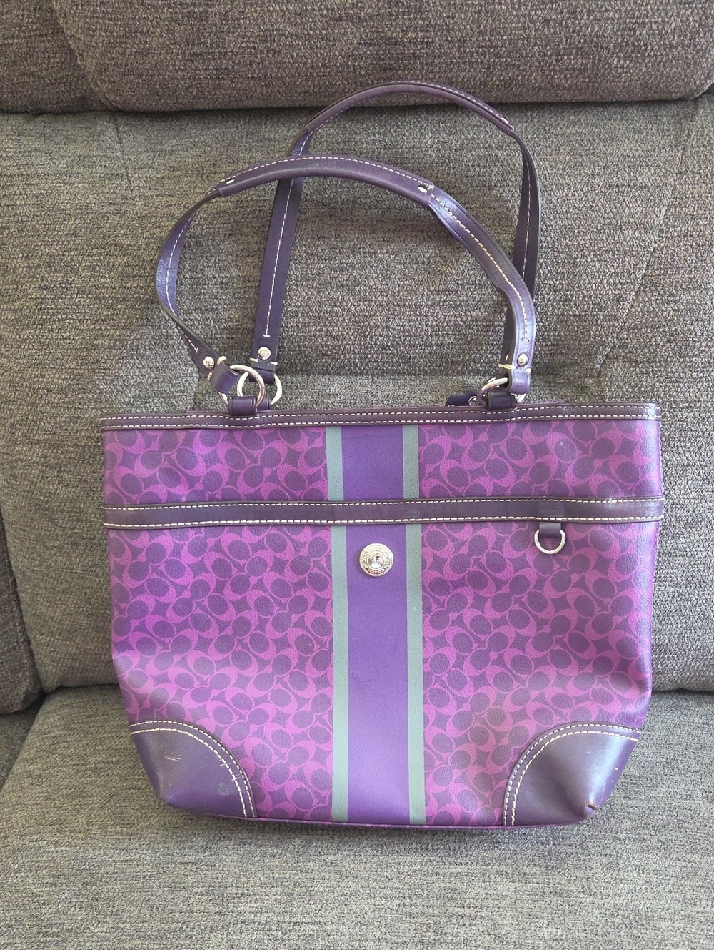 Coach Purple Signature Stripe Tote with Grey Accent
